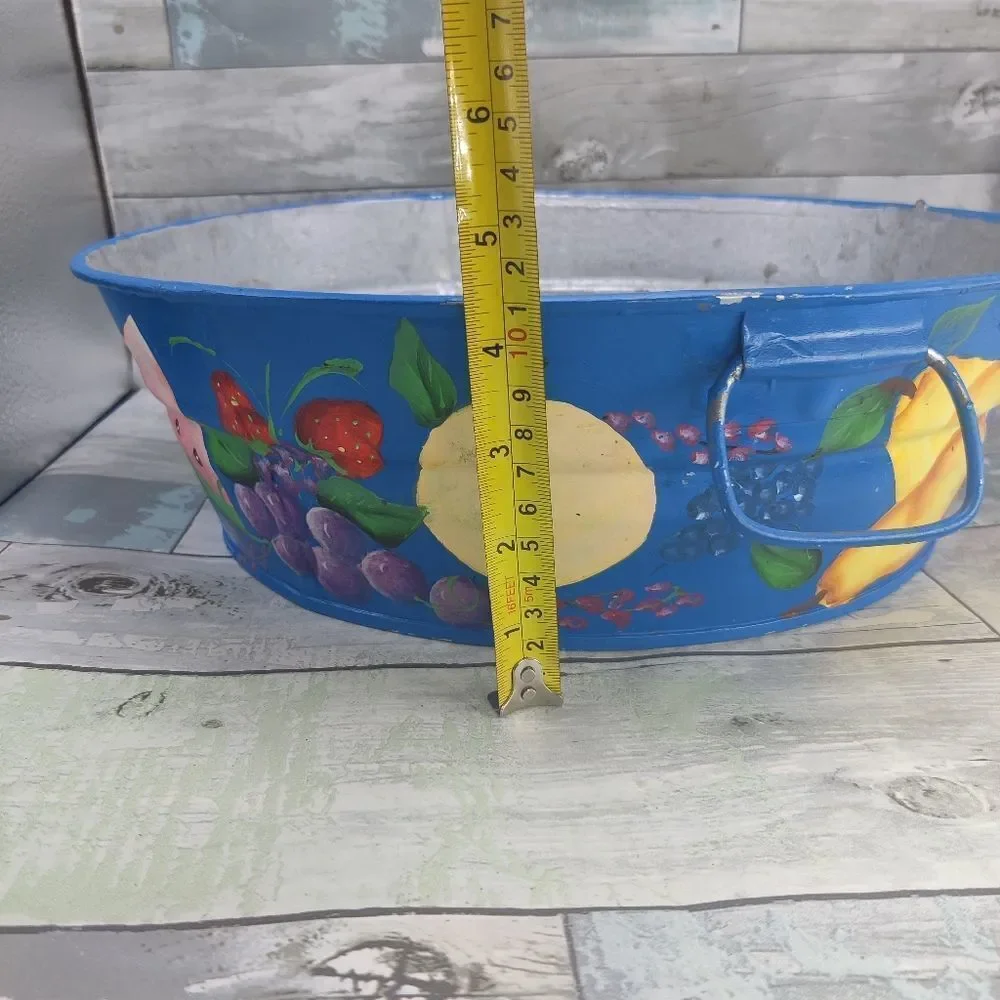 VINTAGE HAND Painted Galvanized Metal Tub Colorful Fruits on Blue